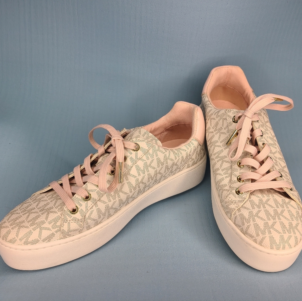Michael Kors MK Logo Platform Sneakers Blush Pink Monogram Size 7.5
